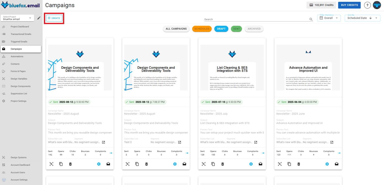 A screenshot of a project's campaigns - new button highlighted.