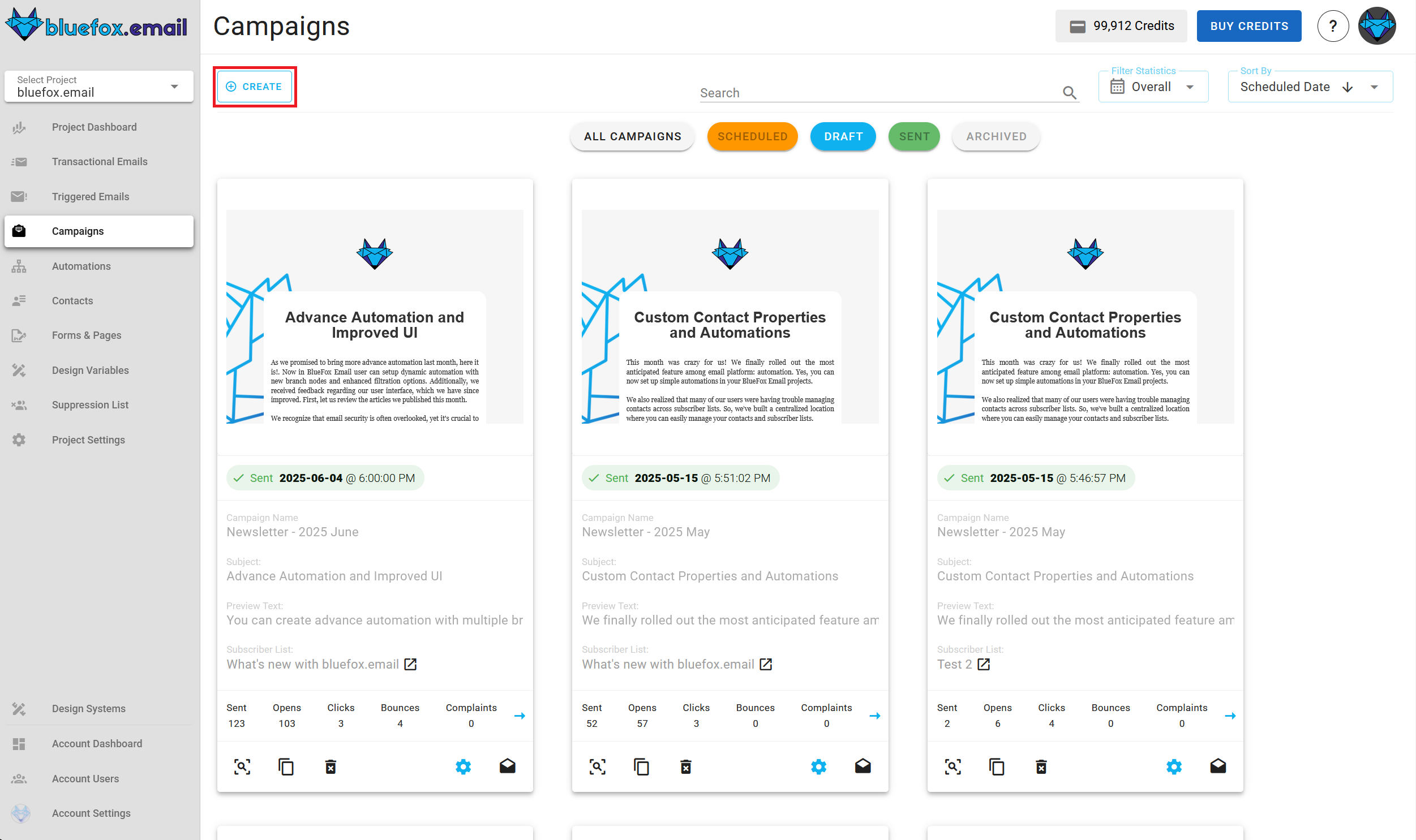 A screenshot of a project's campaigns - new button highlighted.