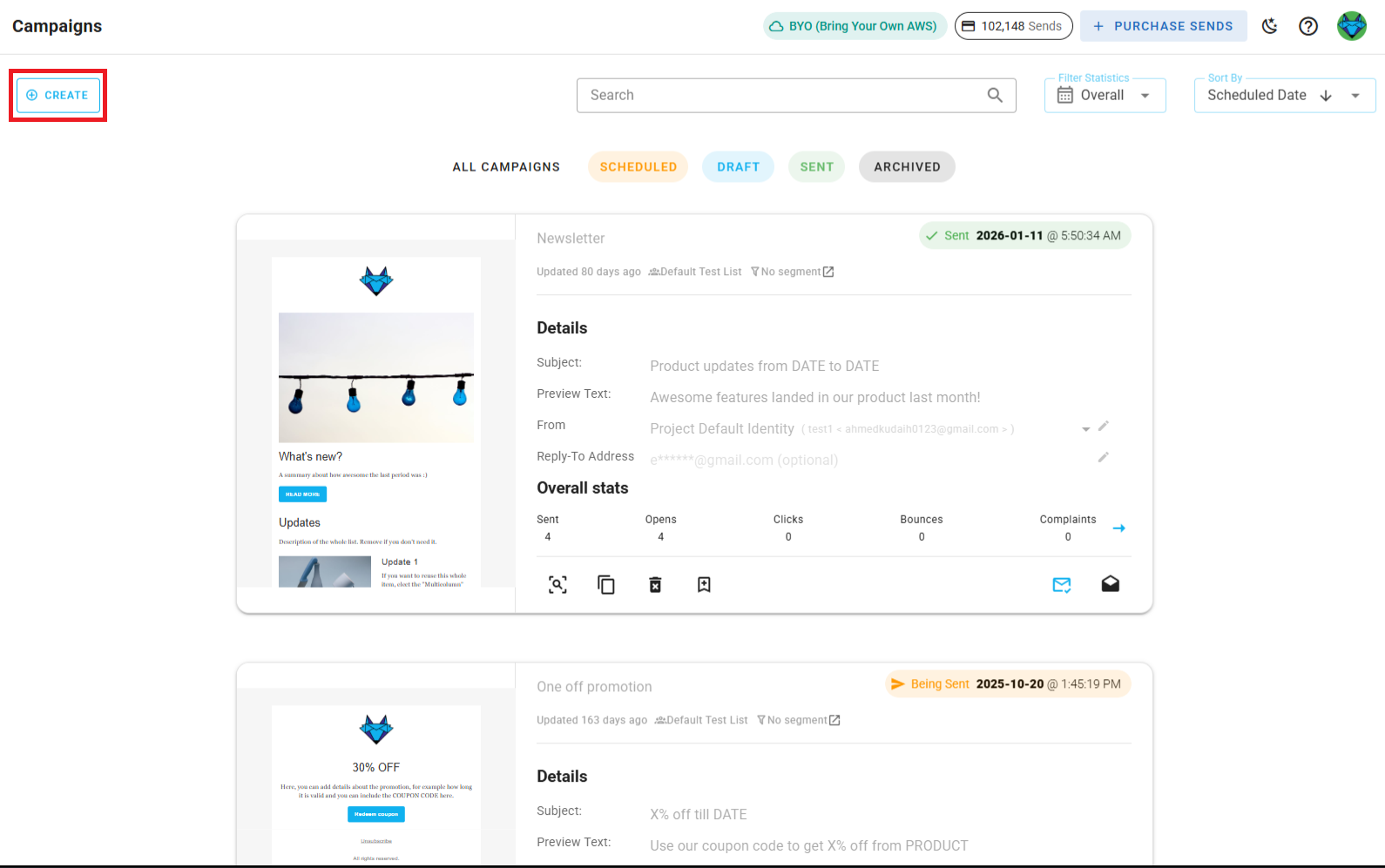 A screenshot of a project's campaigns - new button highlighted.