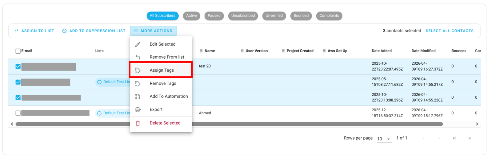 Screenshot of the subscriber lists page - assign tag button highlighted