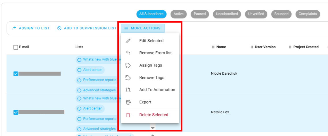Screenshot of the subscriber lists page - bulk actions
