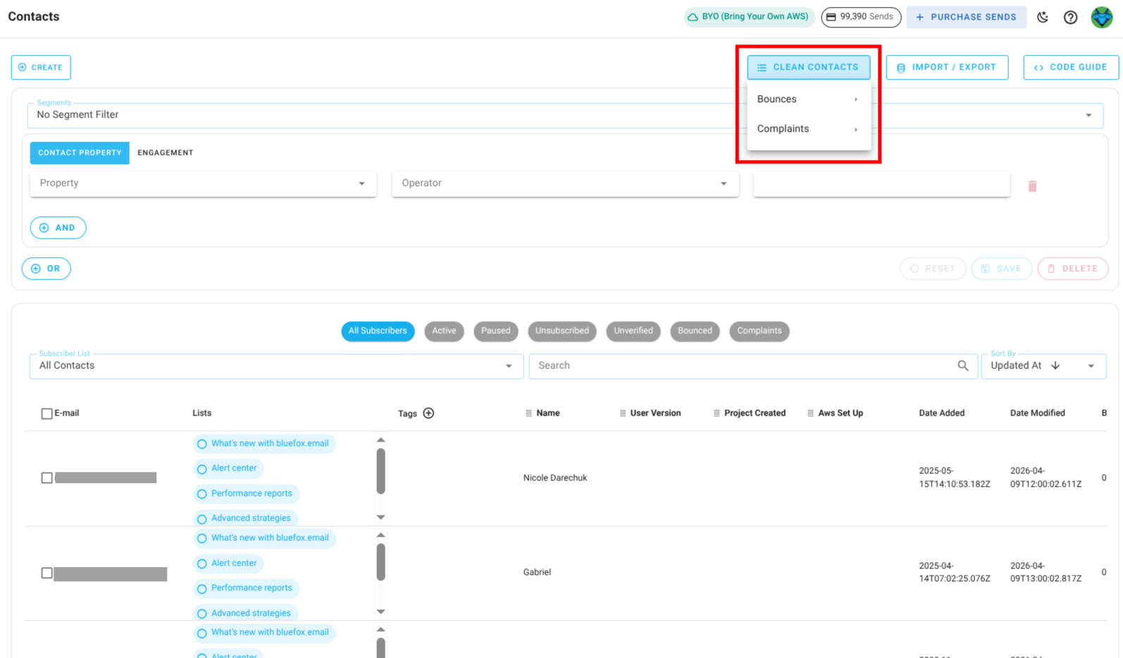 Screenshot of the subscriber lists page - clean list options