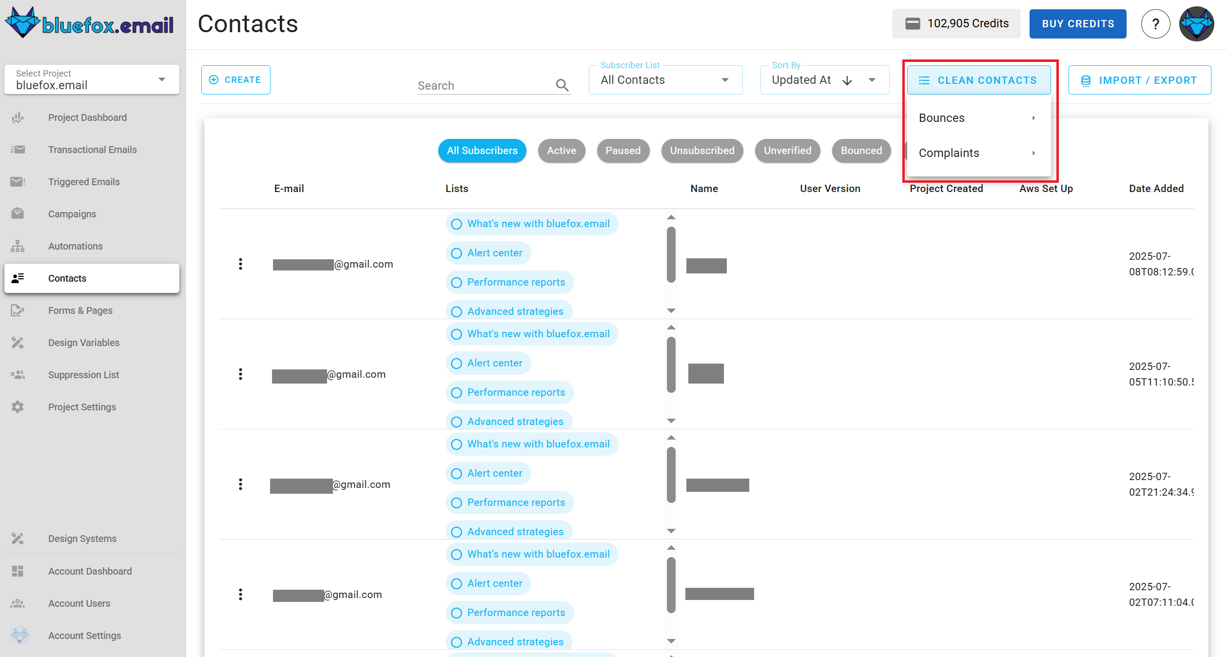 Screenshot of the subscriber lists page - clean list options