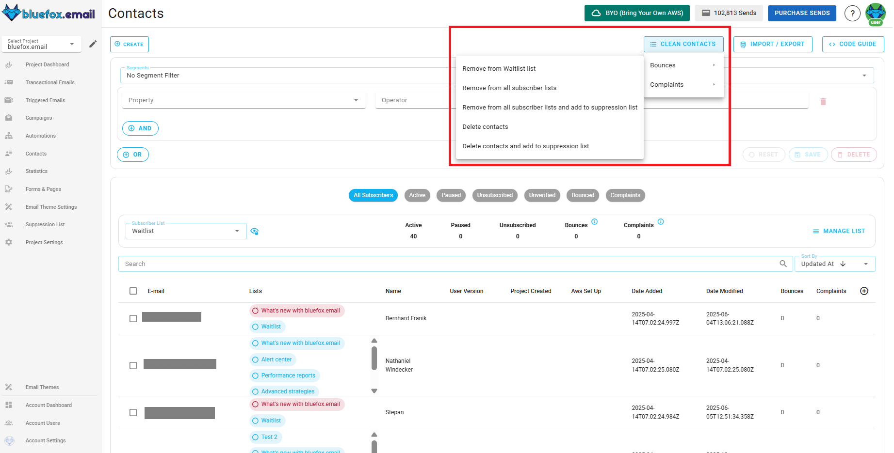 Screenshot of the subscriber lists page - clean list options remove or delete
