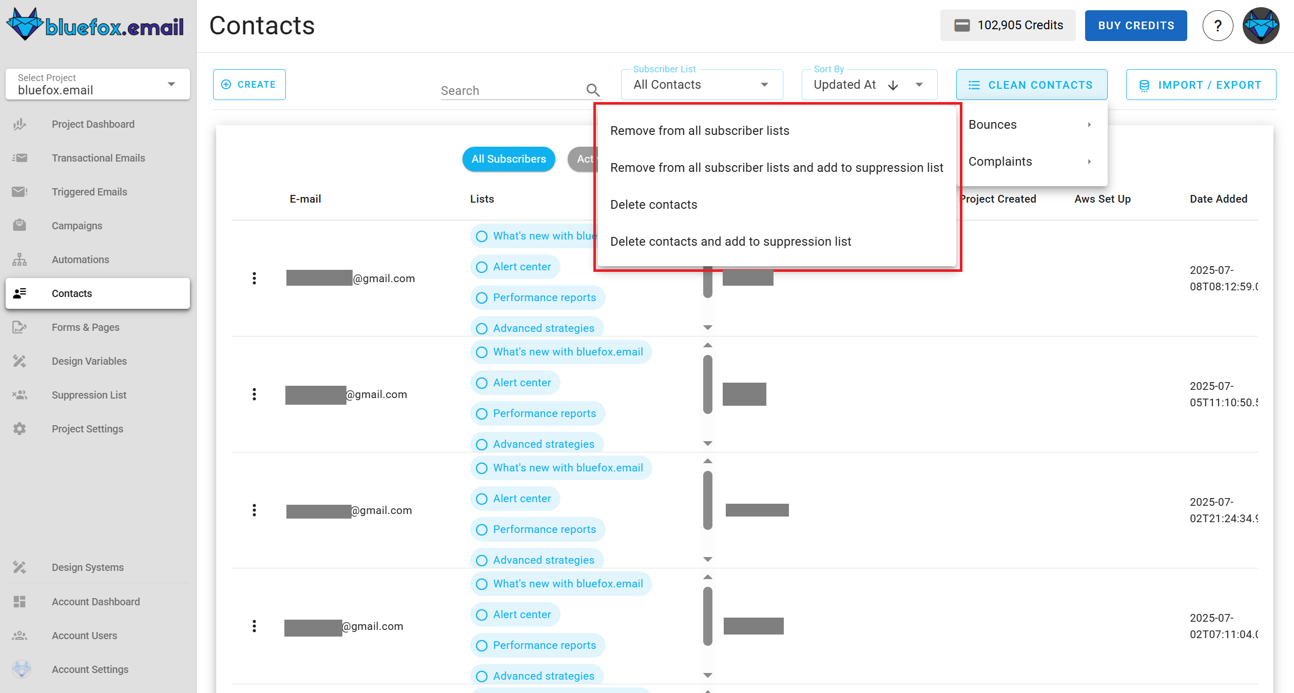 Screenshot of the subscriber lists page - clean list options remove or delete