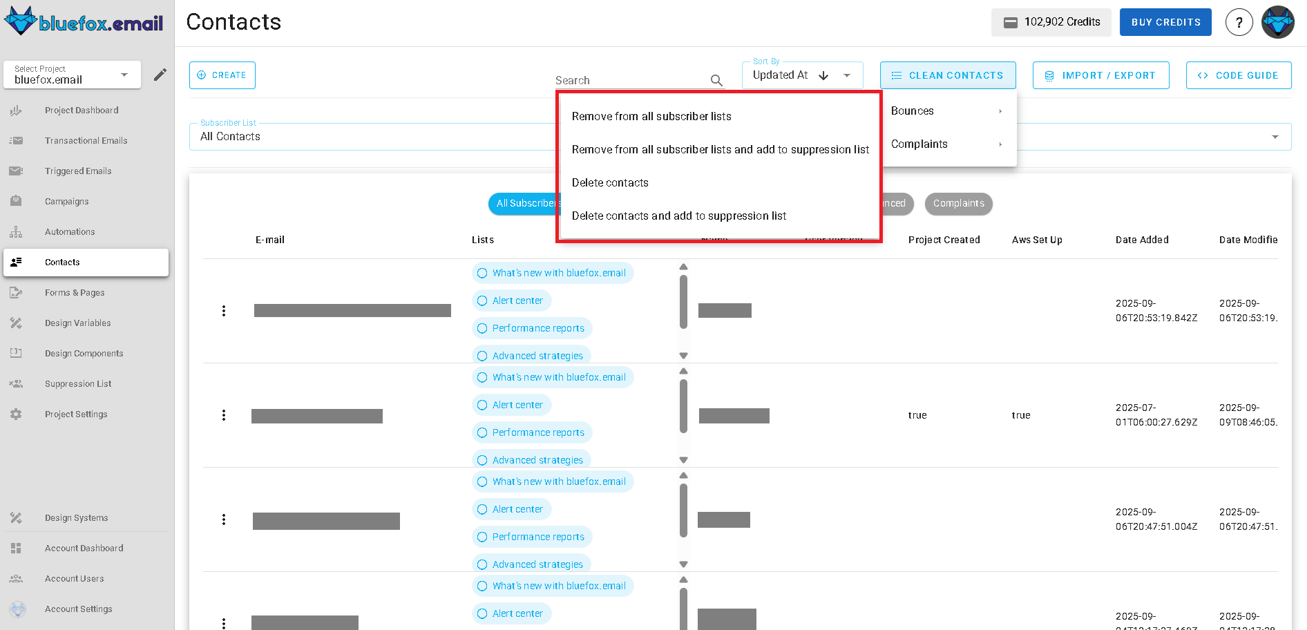Screenshot of the subscriber lists page - clean list options remove or delete