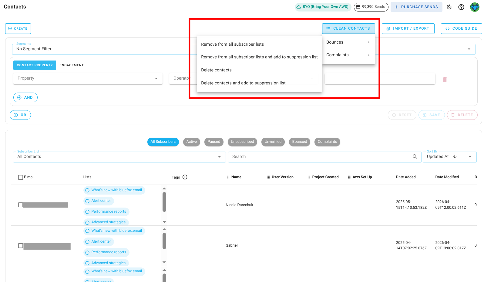 Screenshot of the subscriber lists page - clean list options remove or delete
