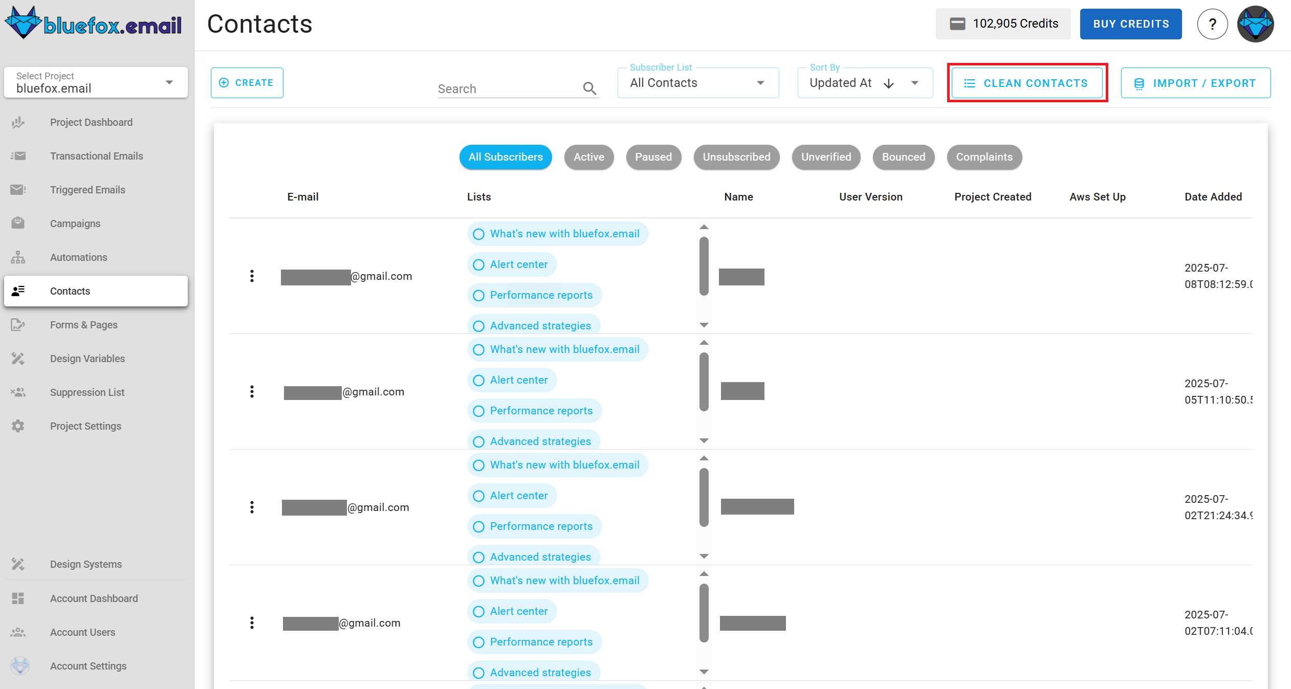 Screenshot of the subscriber lists page - clean list