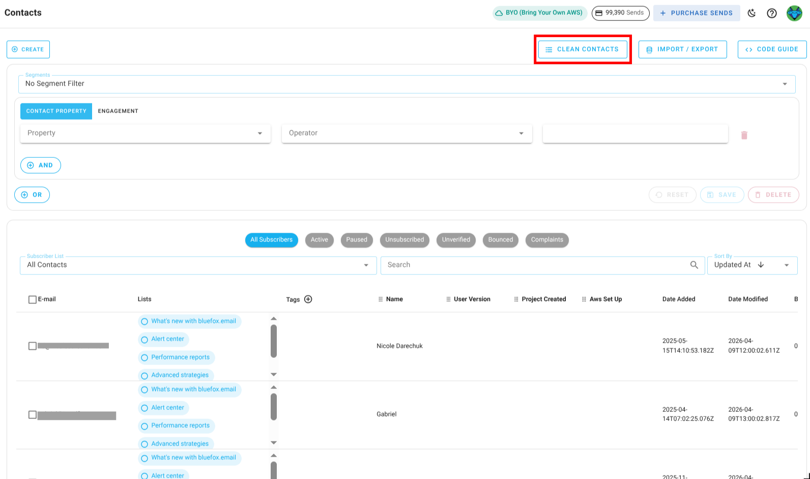 Screenshot of the subscriber lists page - clean list
