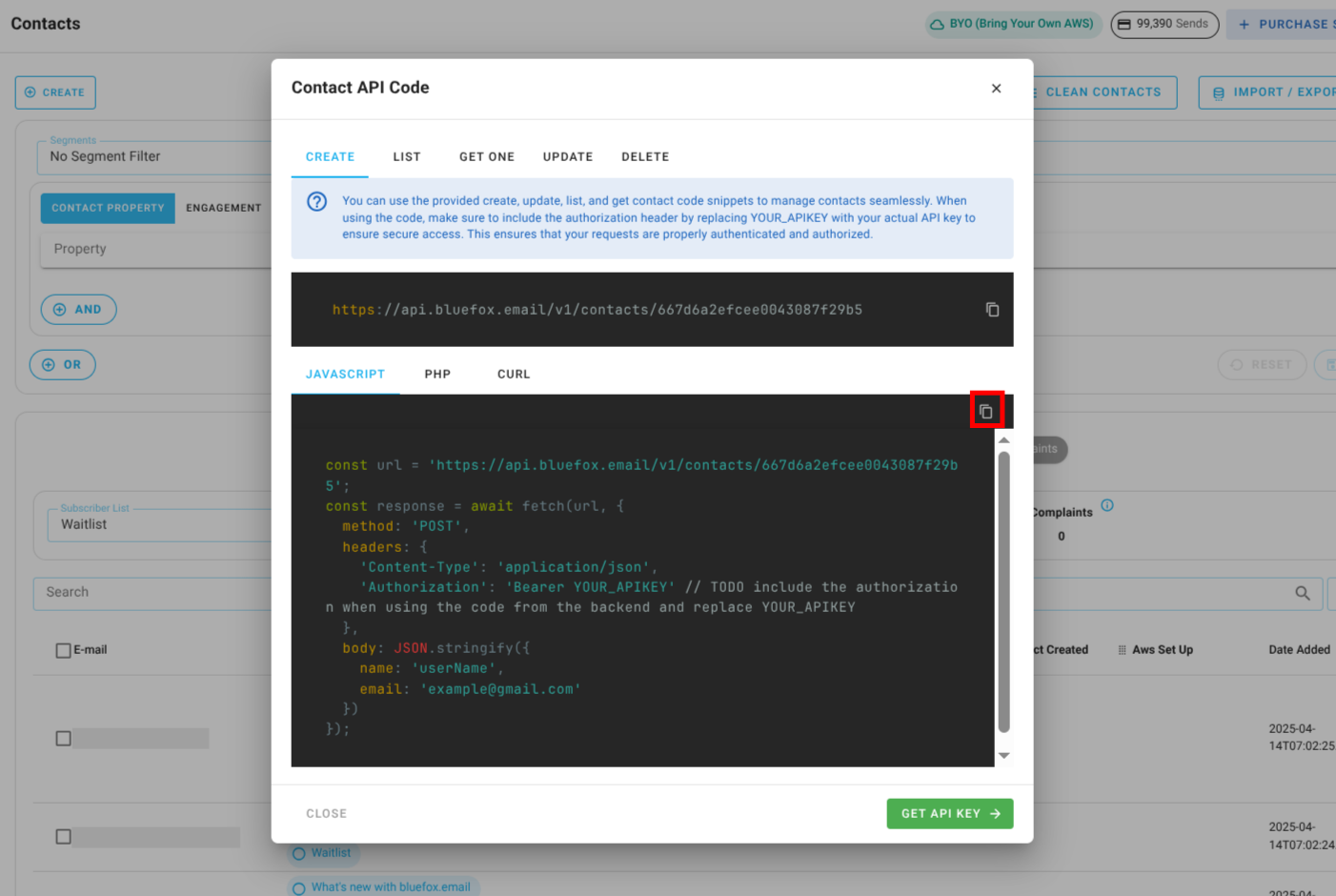Screenshot of the subscriber lists page - code guide dialog