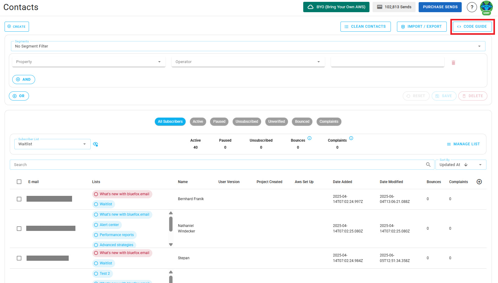 Screenshot of the subscriber lists page - code guide button highlighted
