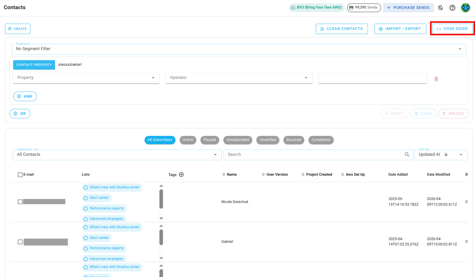 Screenshot of the subscriber lists page - code guide button highlighted