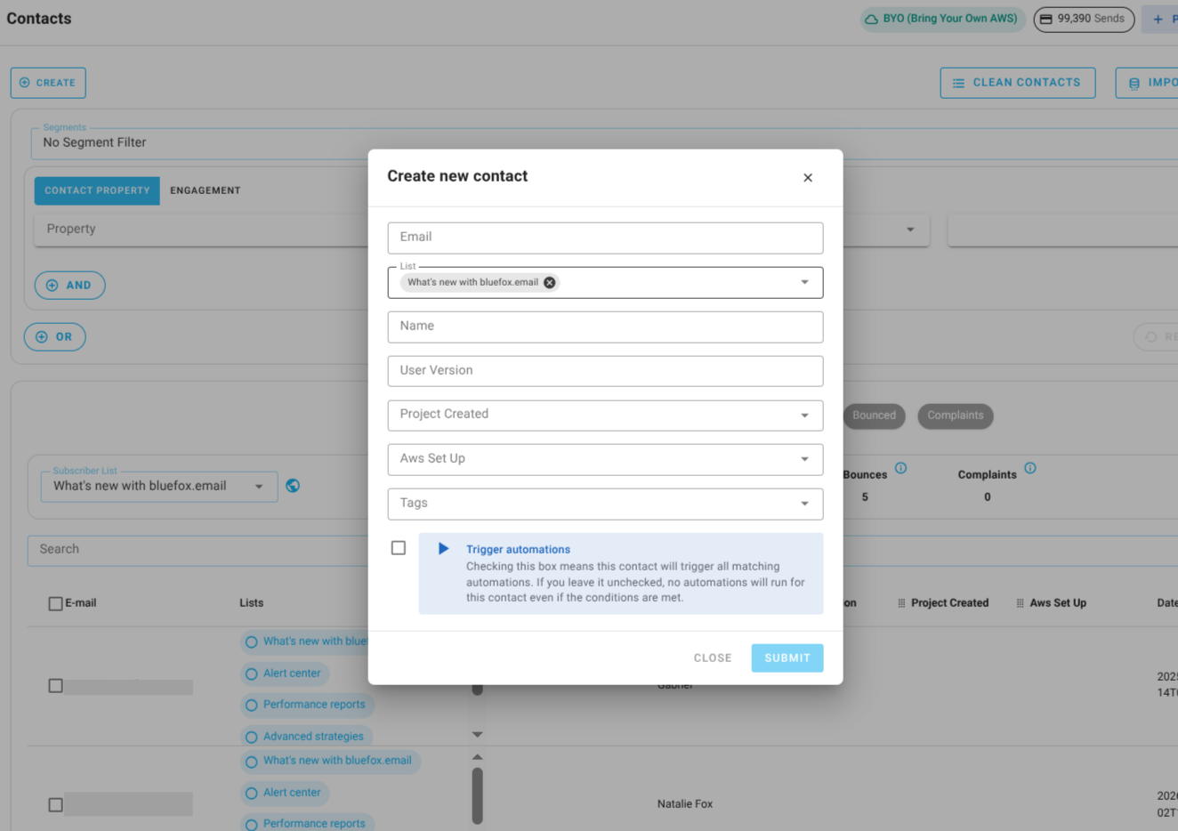 Screenshot of the subscriber lists page - create dialog