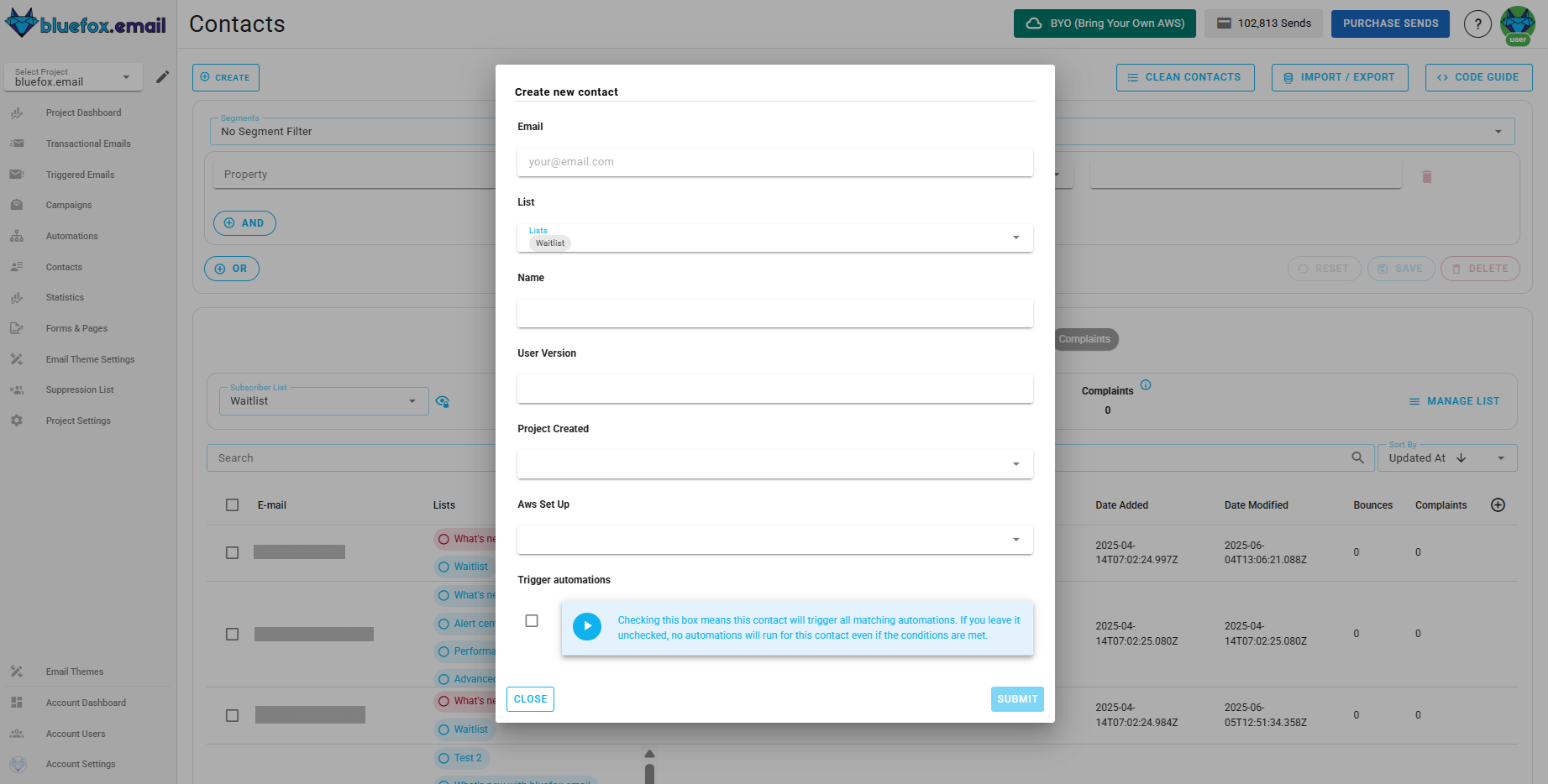 Screenshot of the subscriber lists page - create dialog