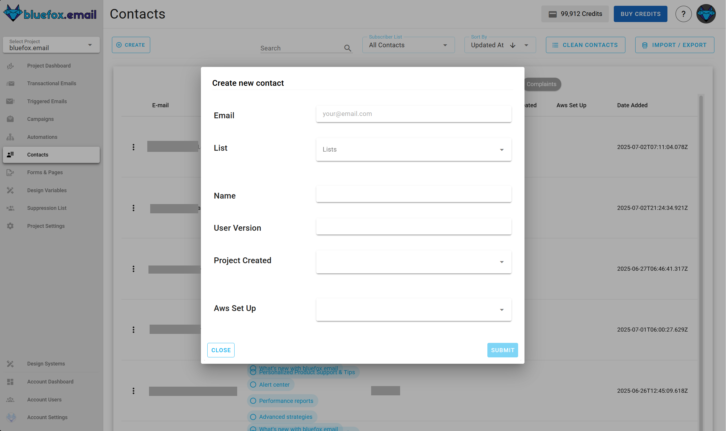 Screenshot of the subscriber lists page - create dialog
