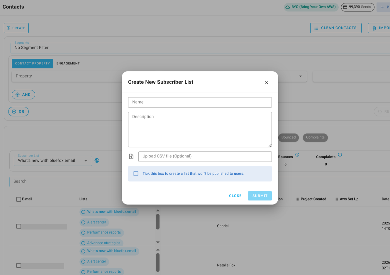 Screenshot of the subscriber lists page - create dialog