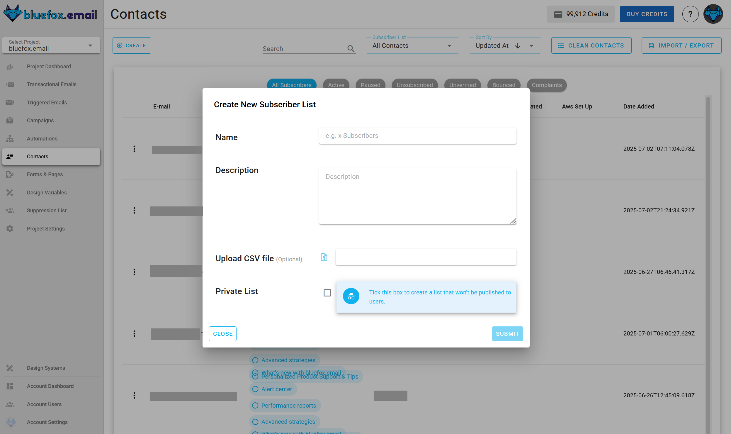 Screenshot of the subscriber lists page - create dialog