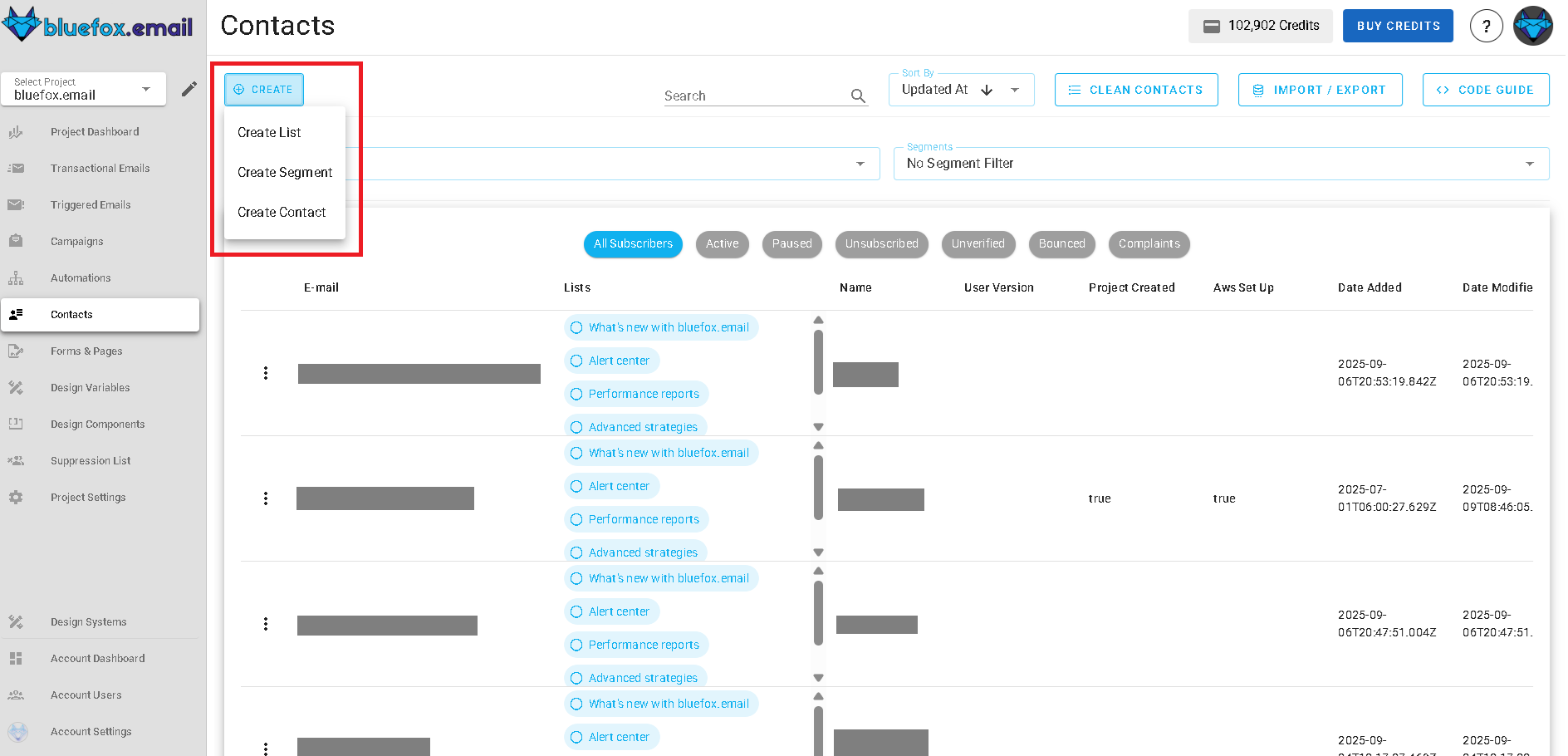 Screenshot of the subscriber lists page - create button highlighted