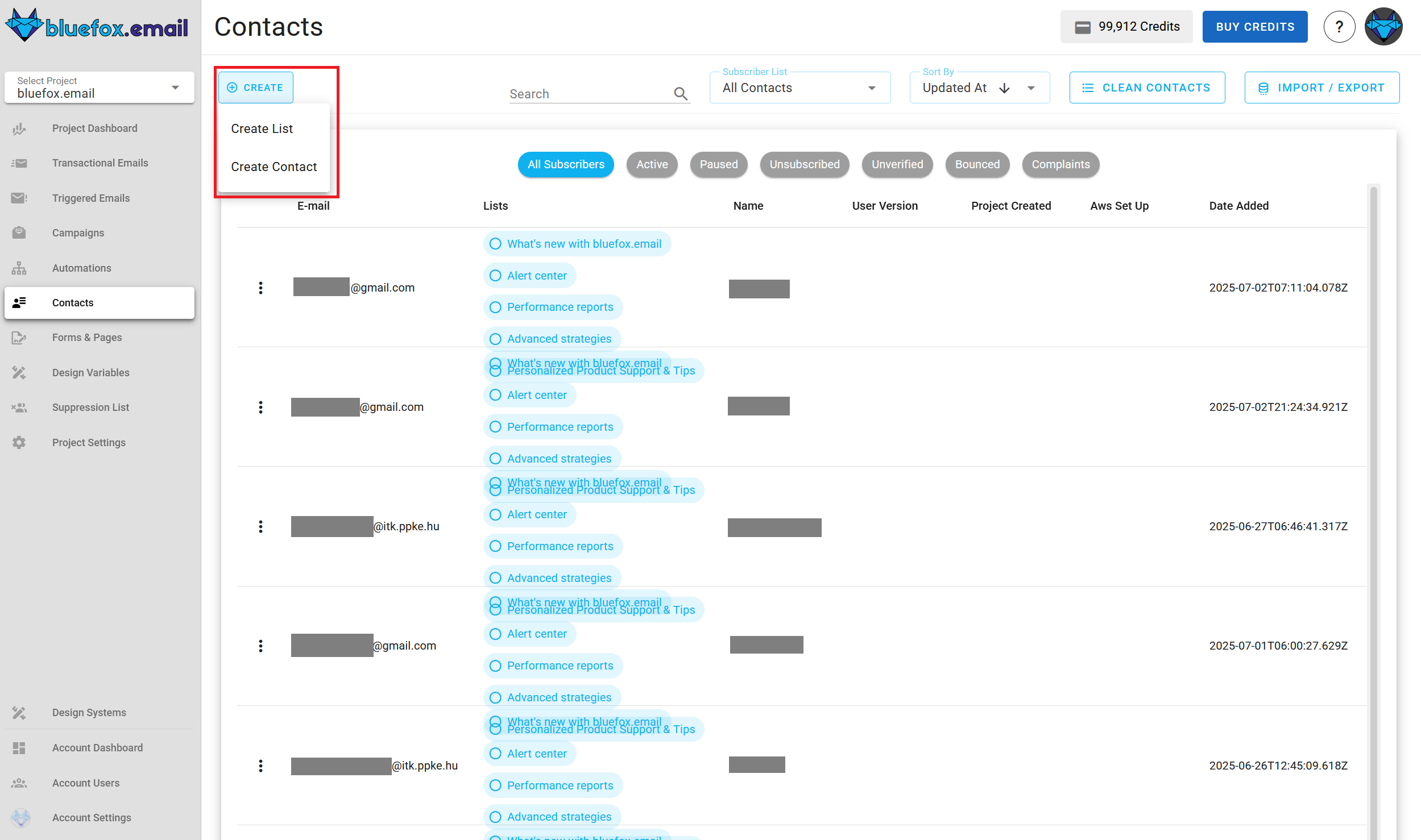 Screenshot of the subscriber lists page - create button highlighted