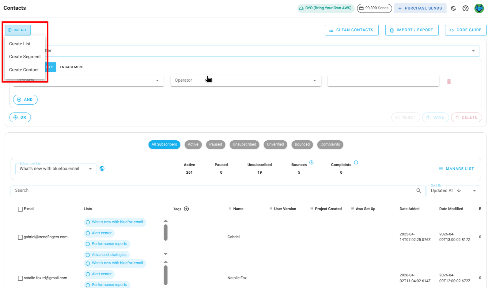 Screenshot of the subscriber lists page - create button highlighted