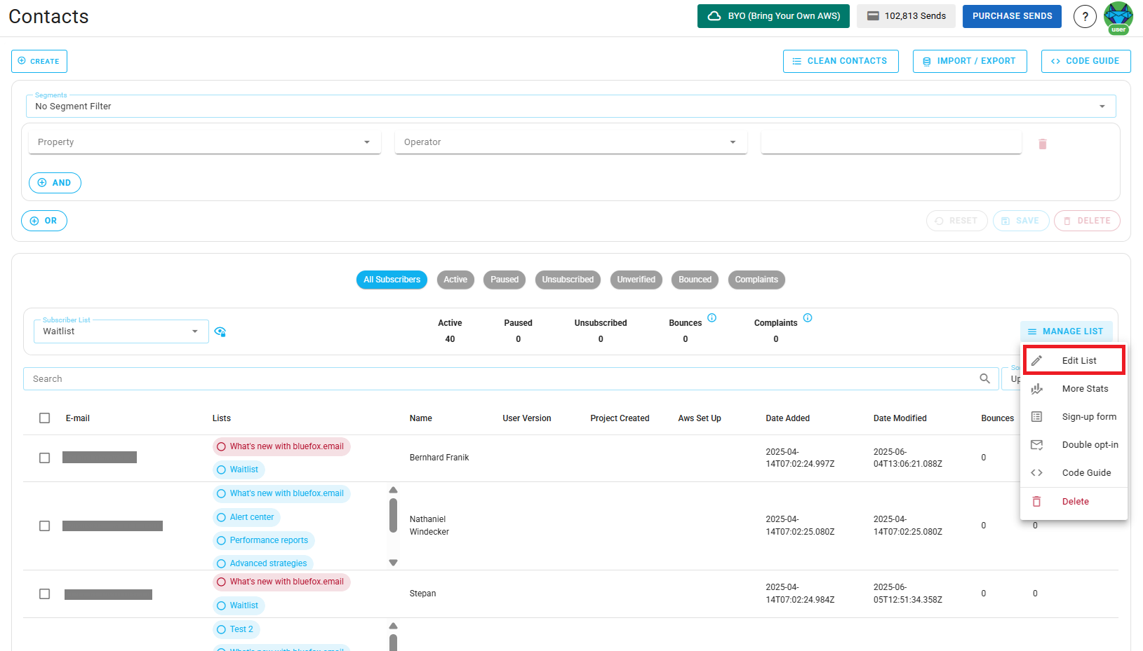 Screenshot of the subscriber lists page - edit list button highlighted