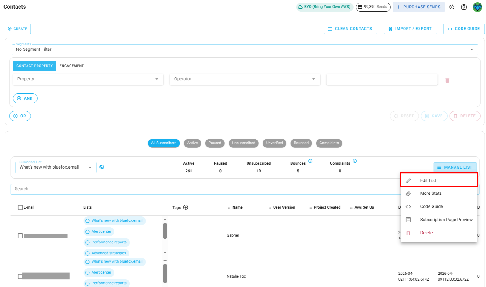 Screenshot of the subscriber lists page - edit list button highlighted