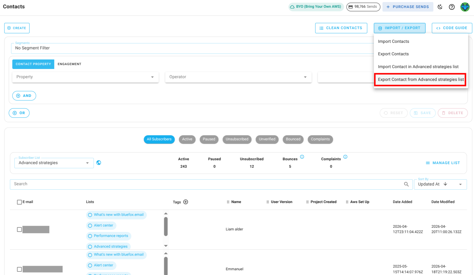 Screenshot of the subscriber lists page - export from list