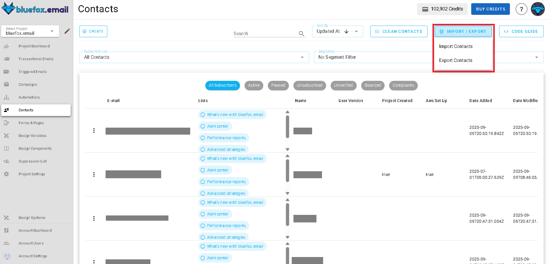 Screenshot of the subscriber lists page - import or export CSV