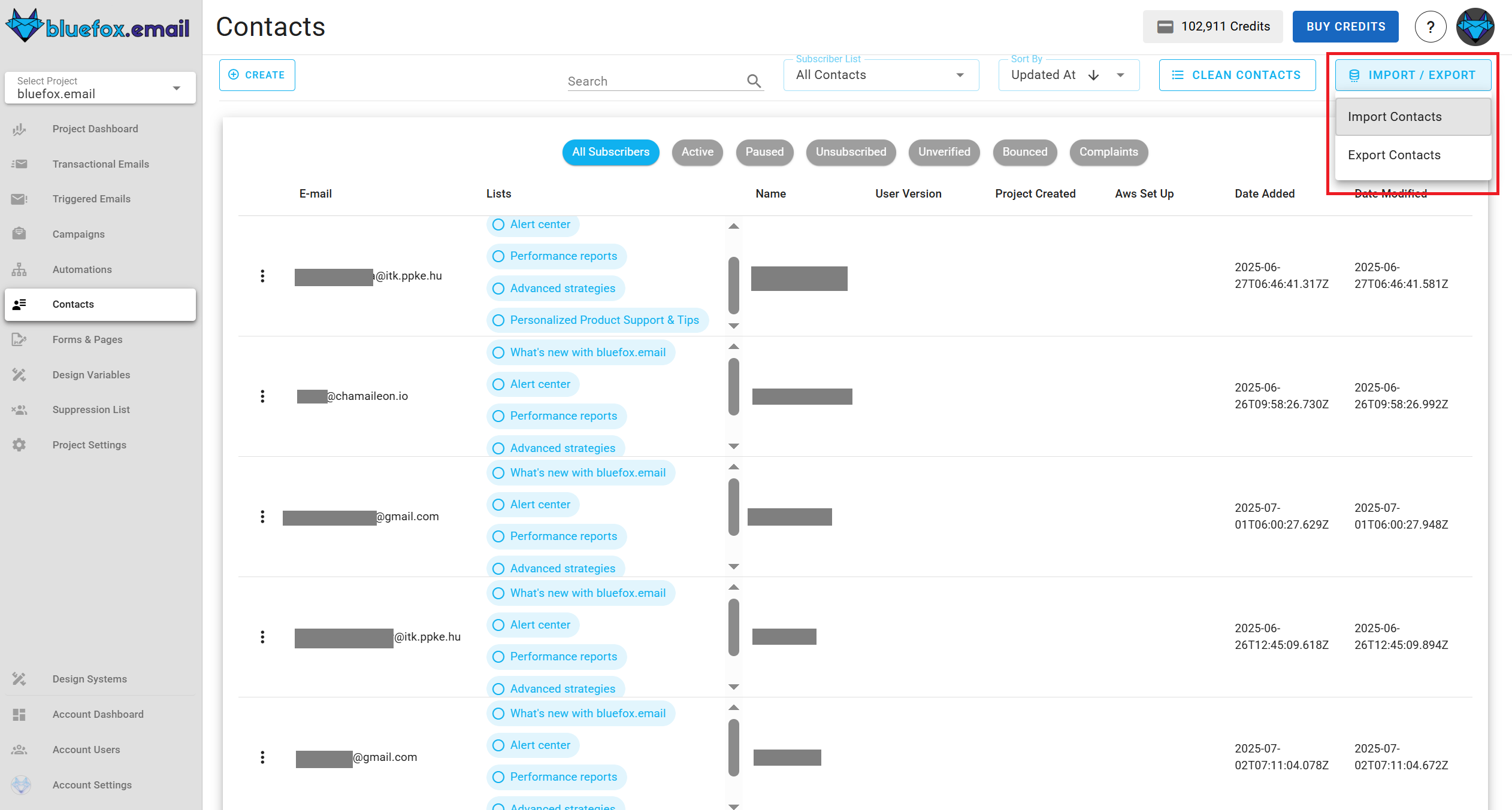 Screenshot of the subscriber lists page - import or export CSV