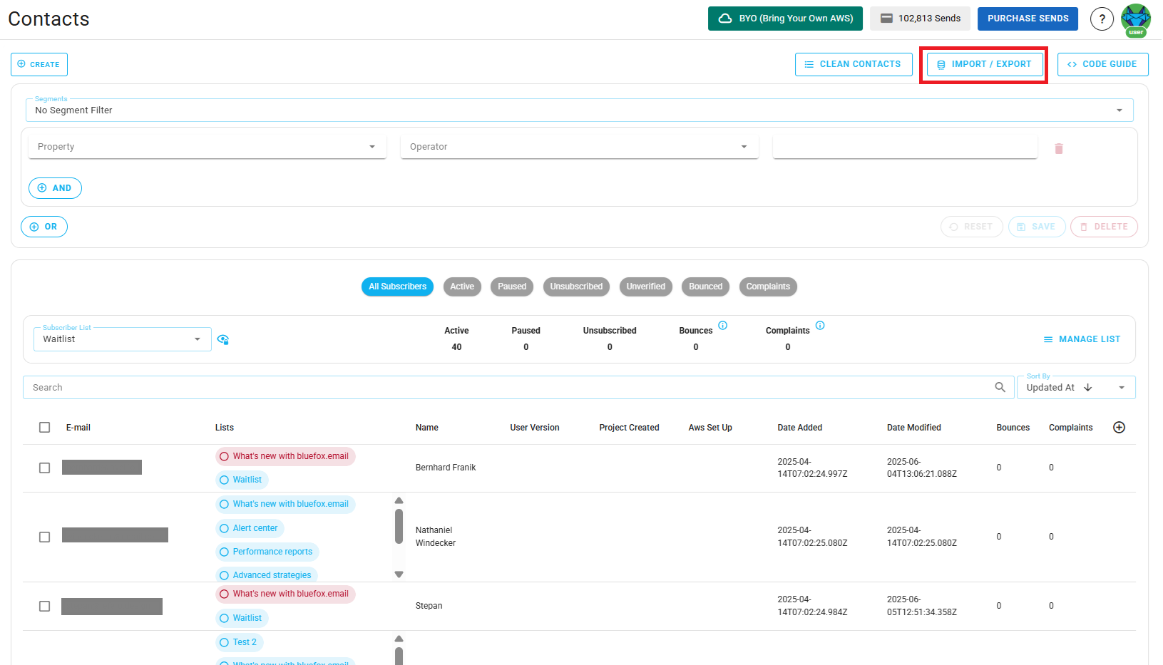 Screenshot of the subscriber lists page - import or export CSV