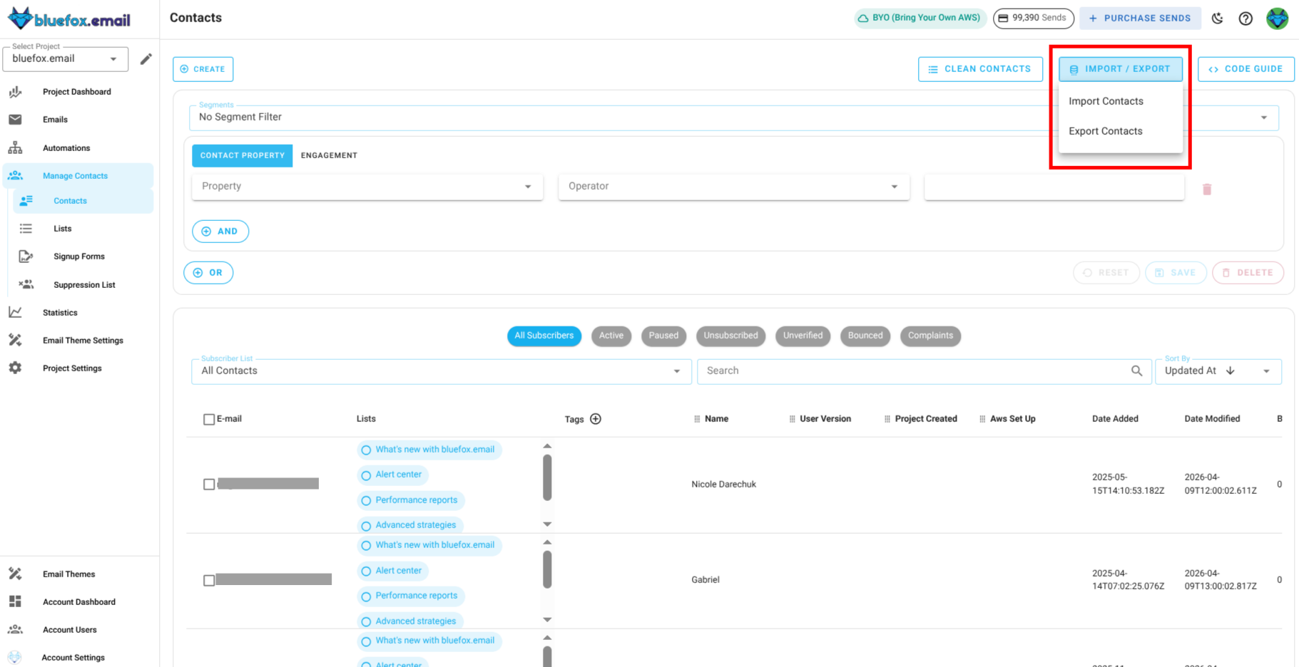 Screenshot of the subscriber lists page - import or export CSV