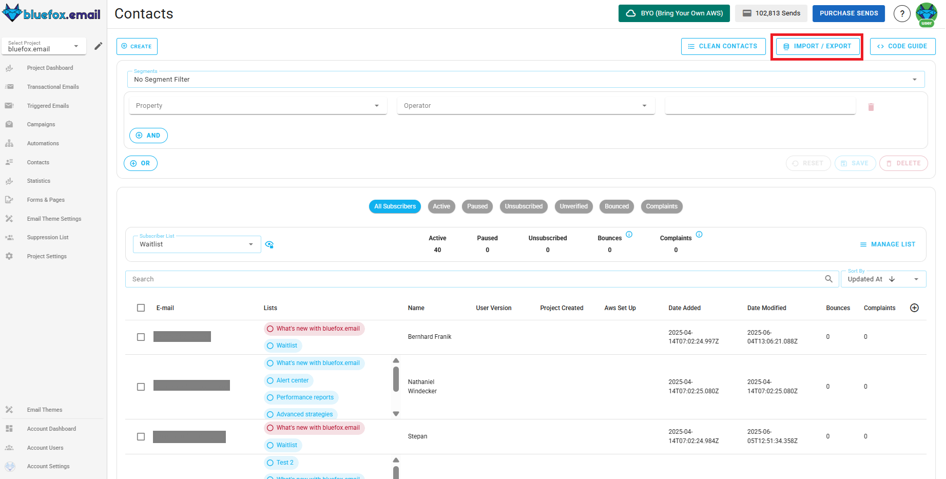 Screenshot of the subscriber lists page - import or export CSV