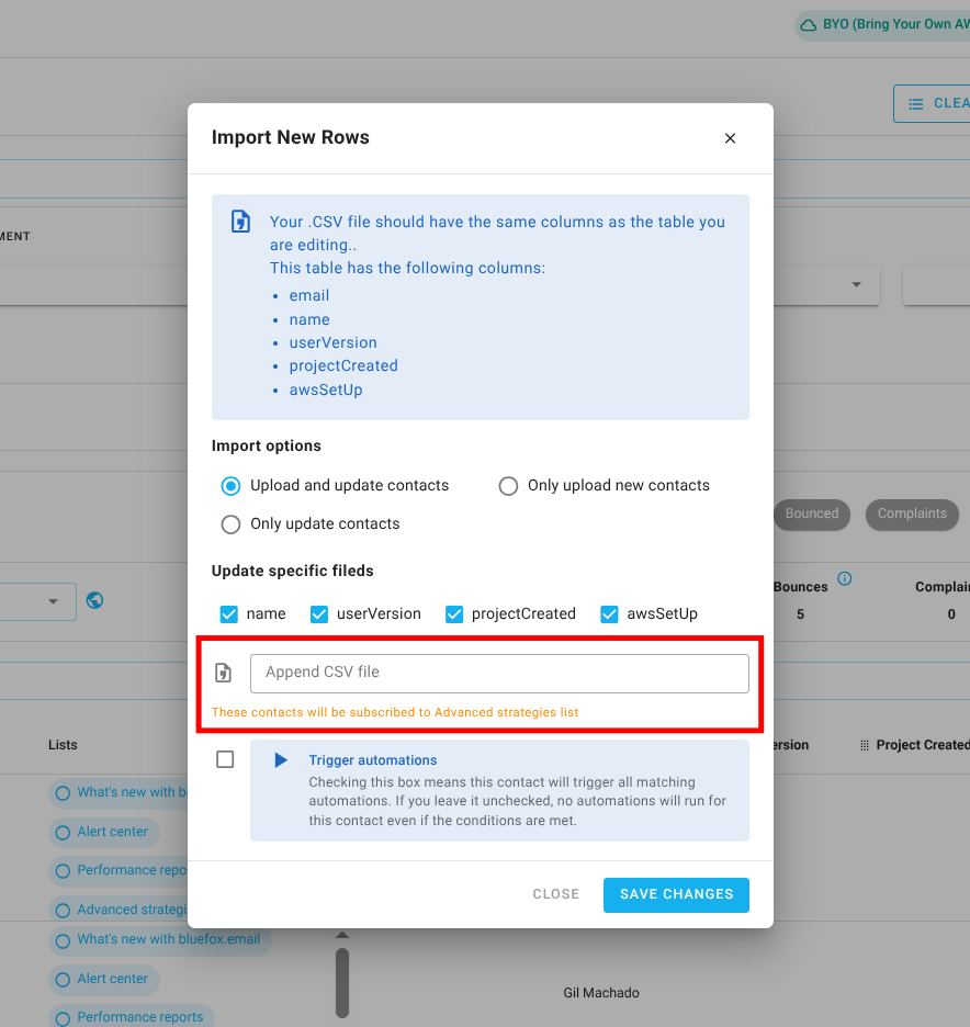 Screenshot of the subscriber lists page - import to list dialog