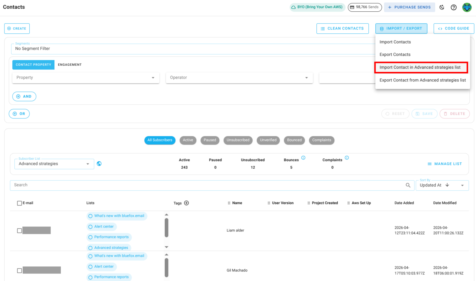 Screenshot of the subscriber lists page - import to list