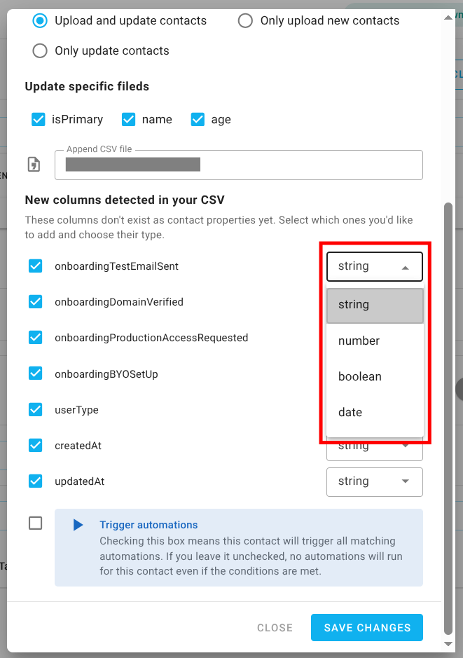 Screenshot of the subscriber lists page - unmatched column add property