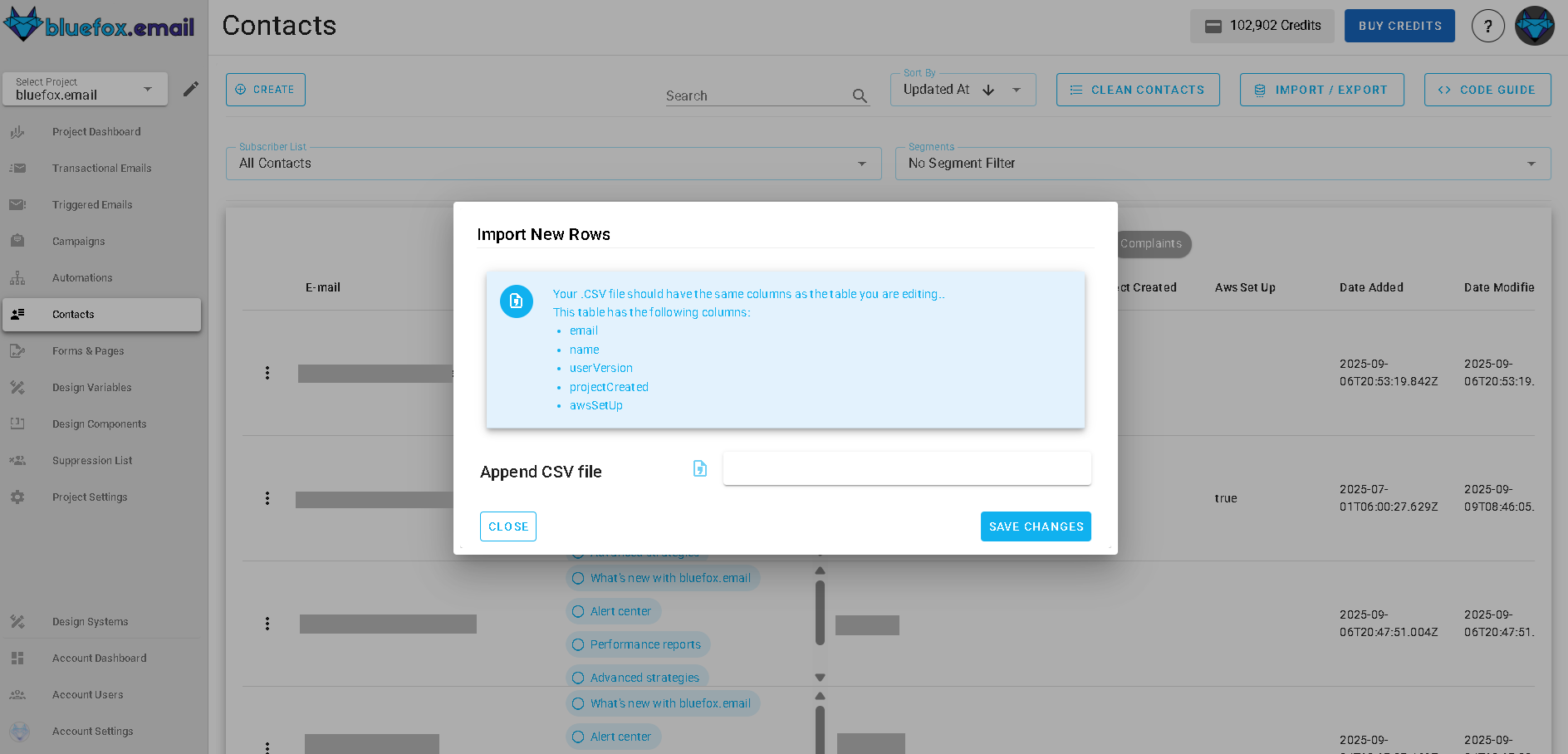 Screenshot of the subscriber lists page - import or export CSV