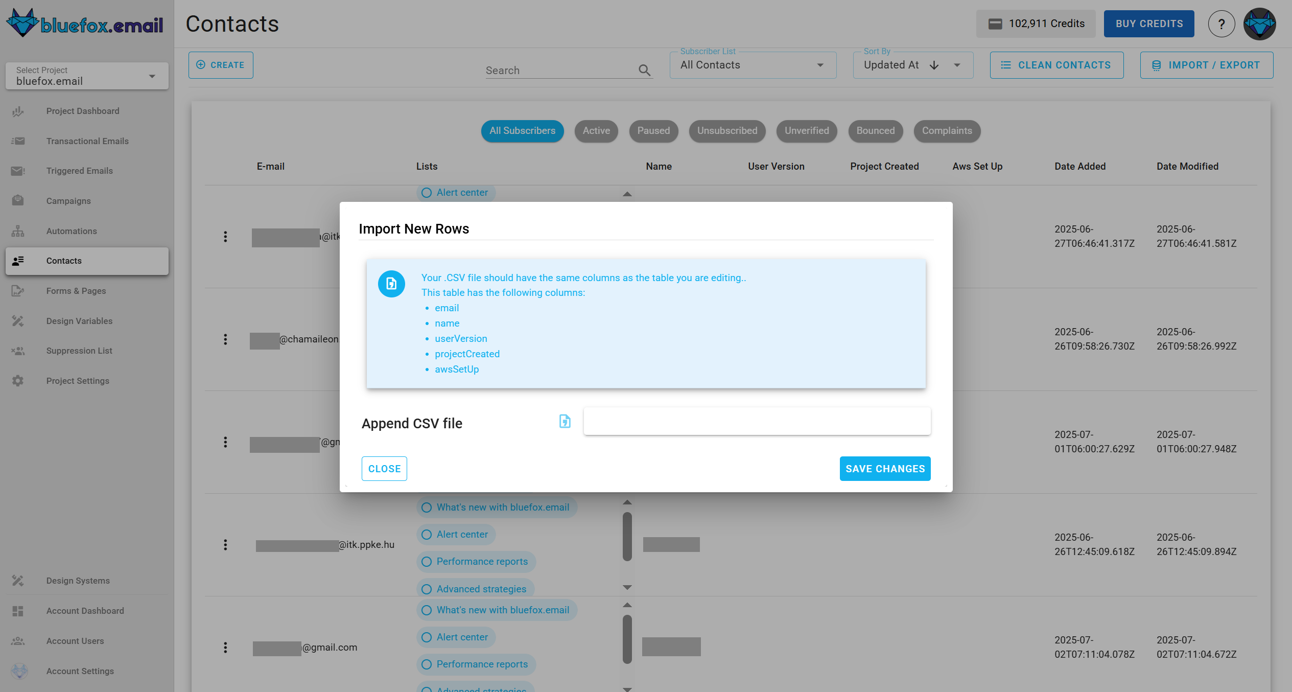 Screenshot of the subscriber lists page - import or export CSV
