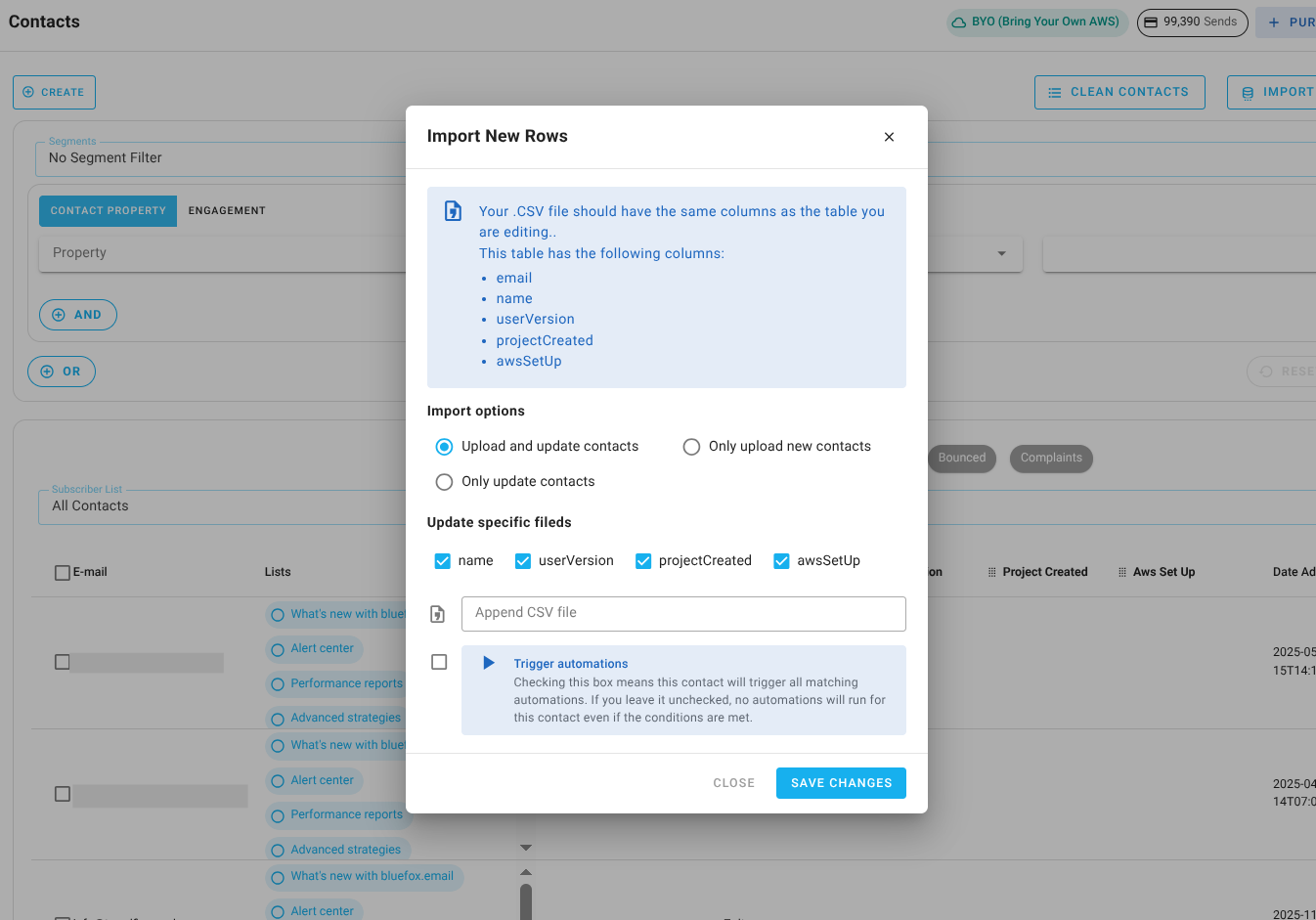 Screenshot of the subscriber lists page - import or export CSV