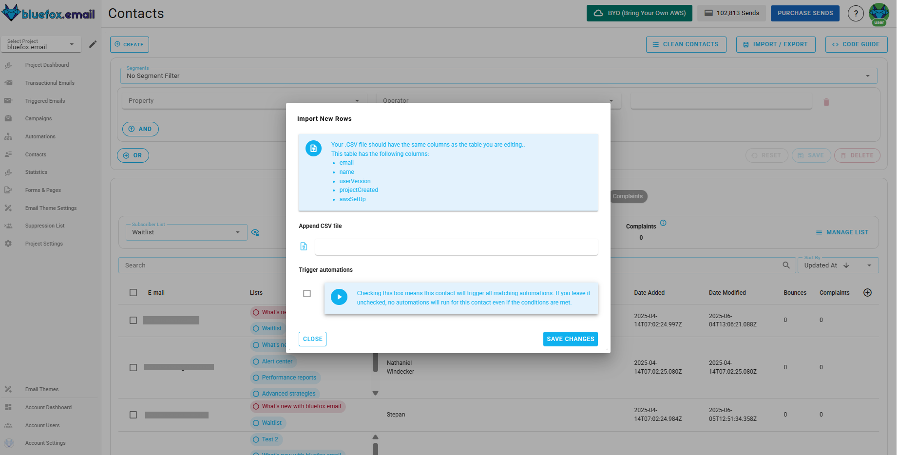 Screenshot of the subscriber lists page - import or export CSV