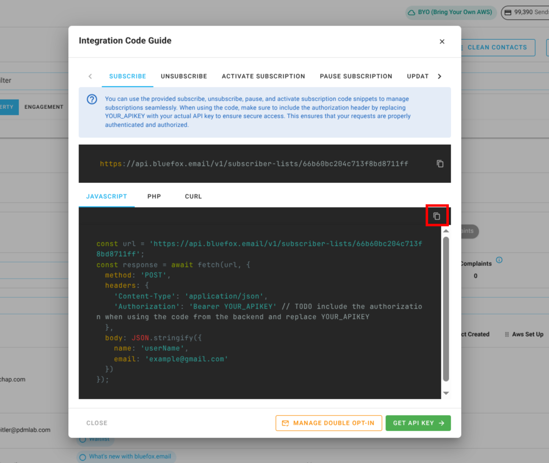 Screenshot of the subscriber lists page - code guide dialog
