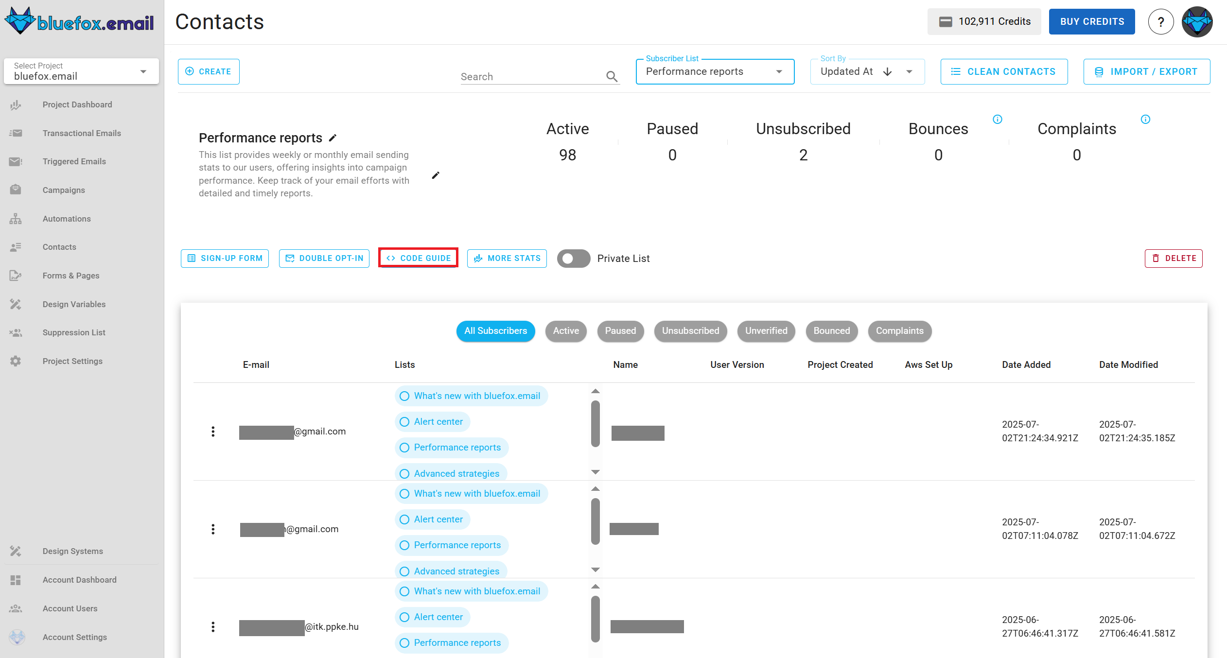 Screenshot of the subscriber lists page - code guide button highlighted