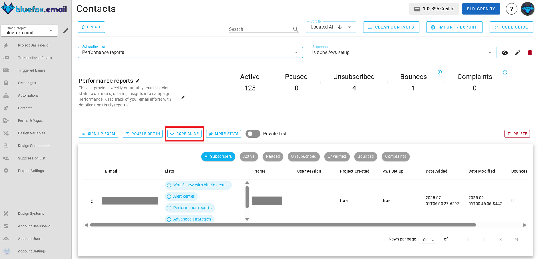 Screenshot of the subscriber lists page - code guide button highlighted