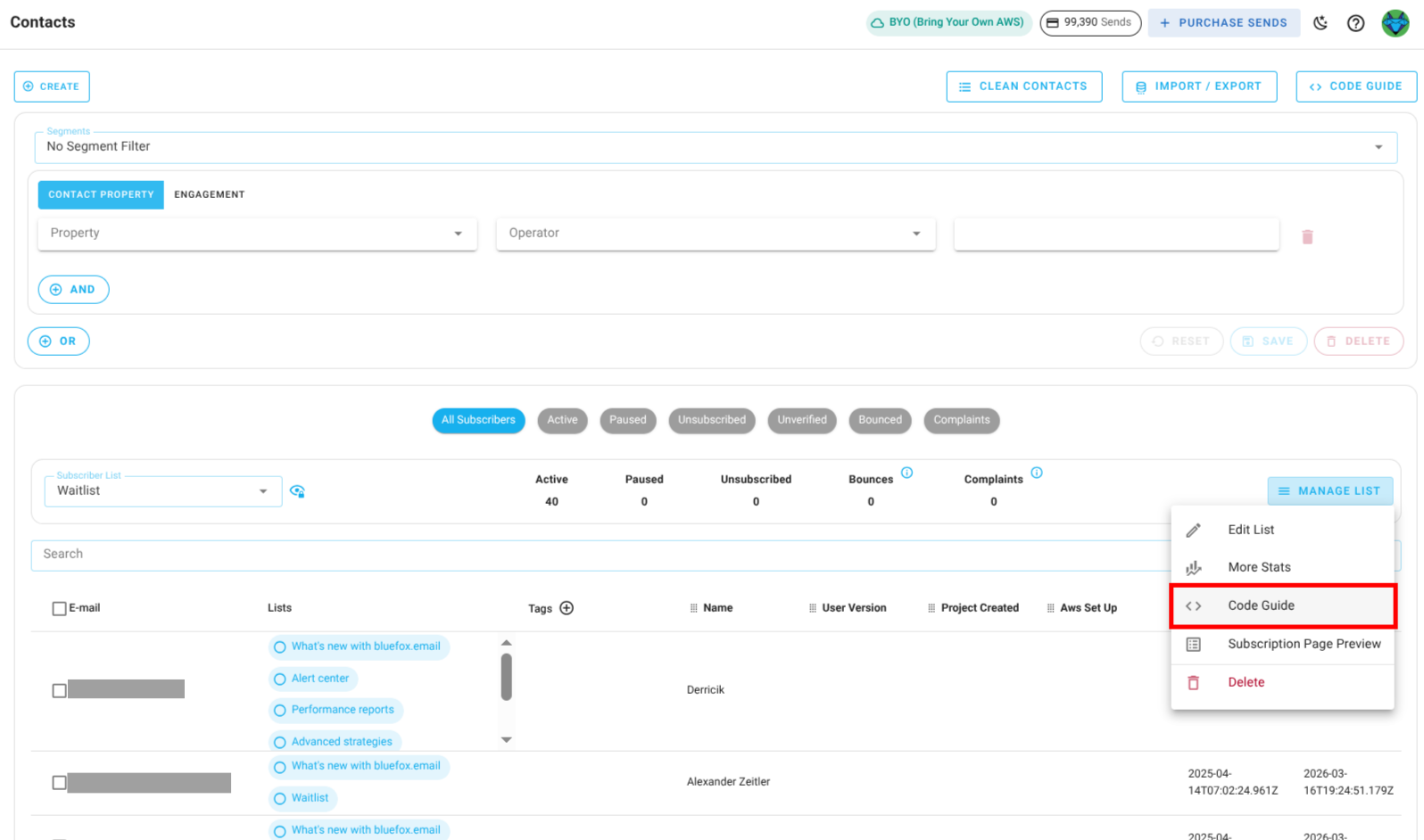 Screenshot of the subscriber lists page - code guide button highlighted