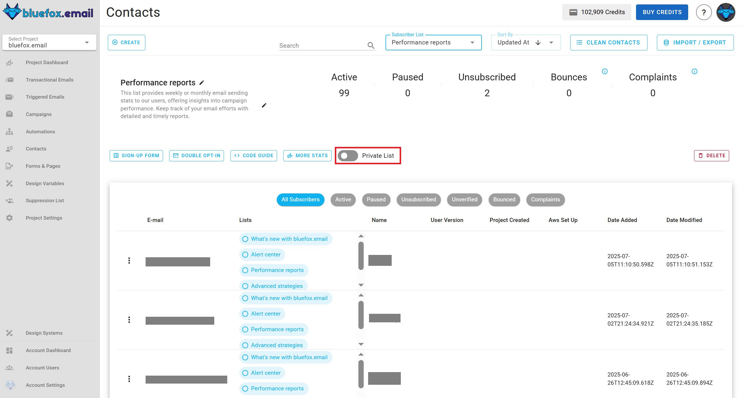 Screenshot of the subscriber lists page - public switch highlighted