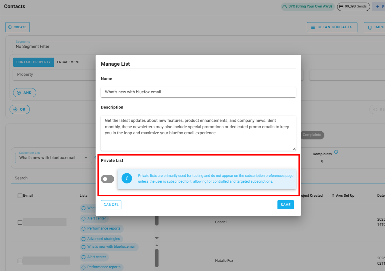 Screenshot of the subscriber lists page - public switch highlighted