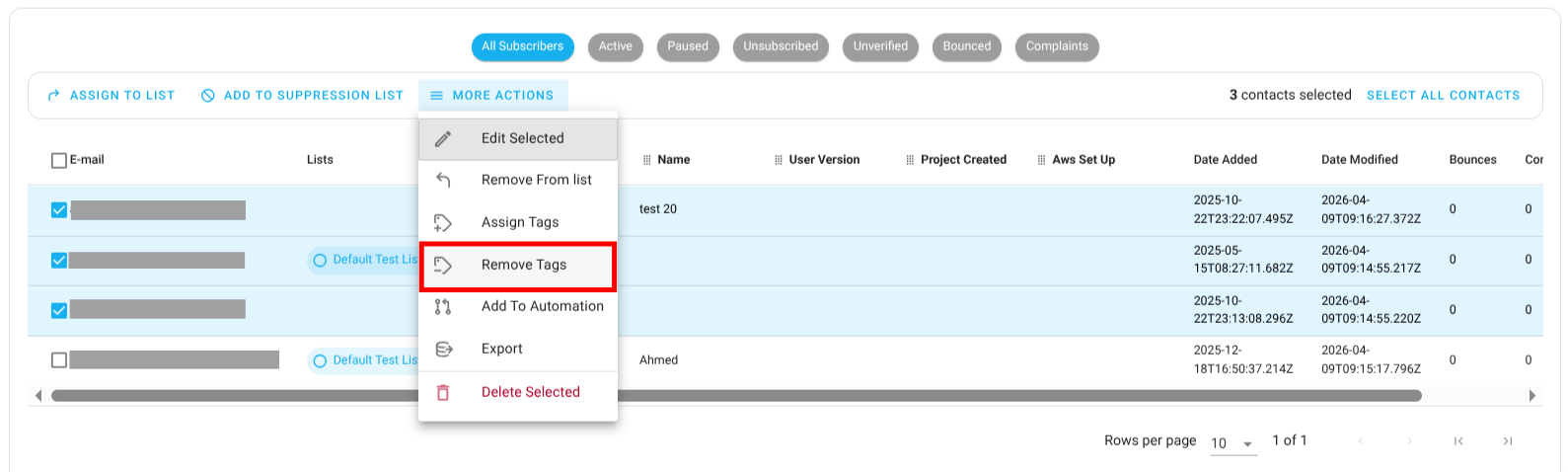 Screenshot of the subscriber lists page - remove tag button highlighted