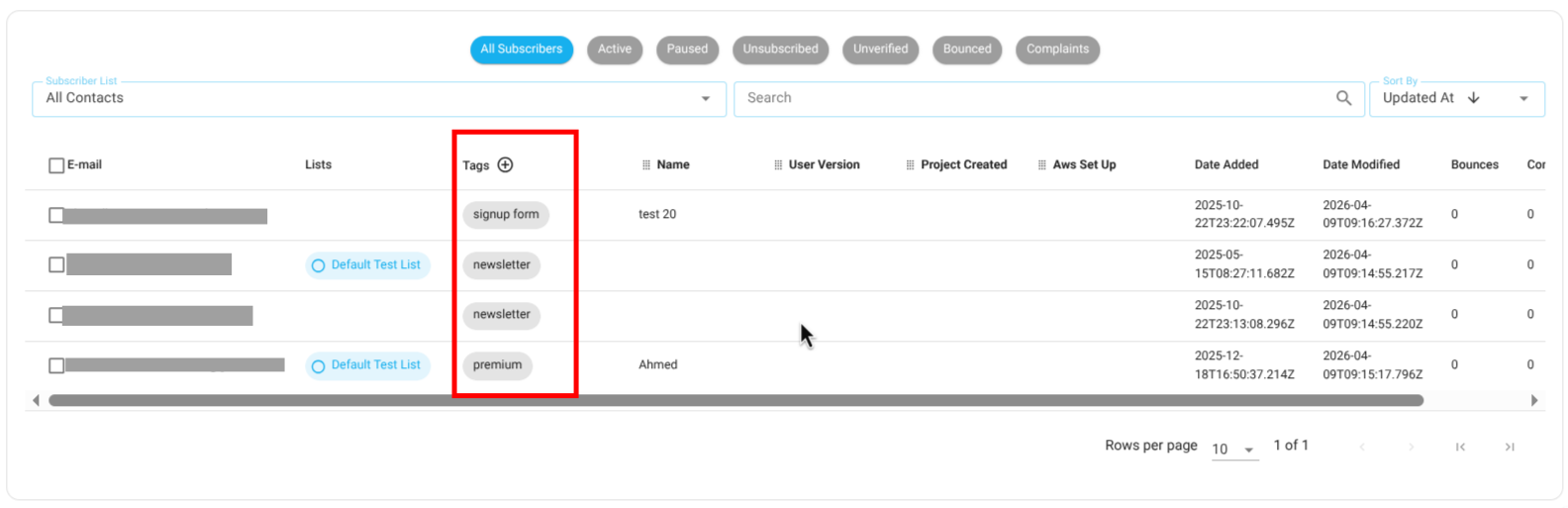 Screenshot of contact tags