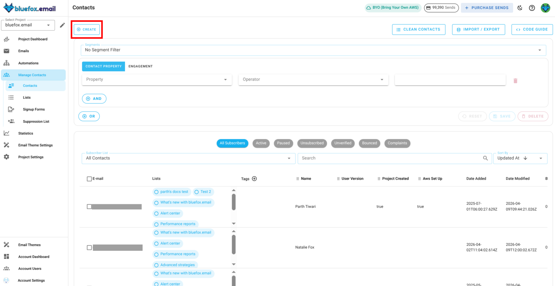 Screenshot of the subscriber lists page
