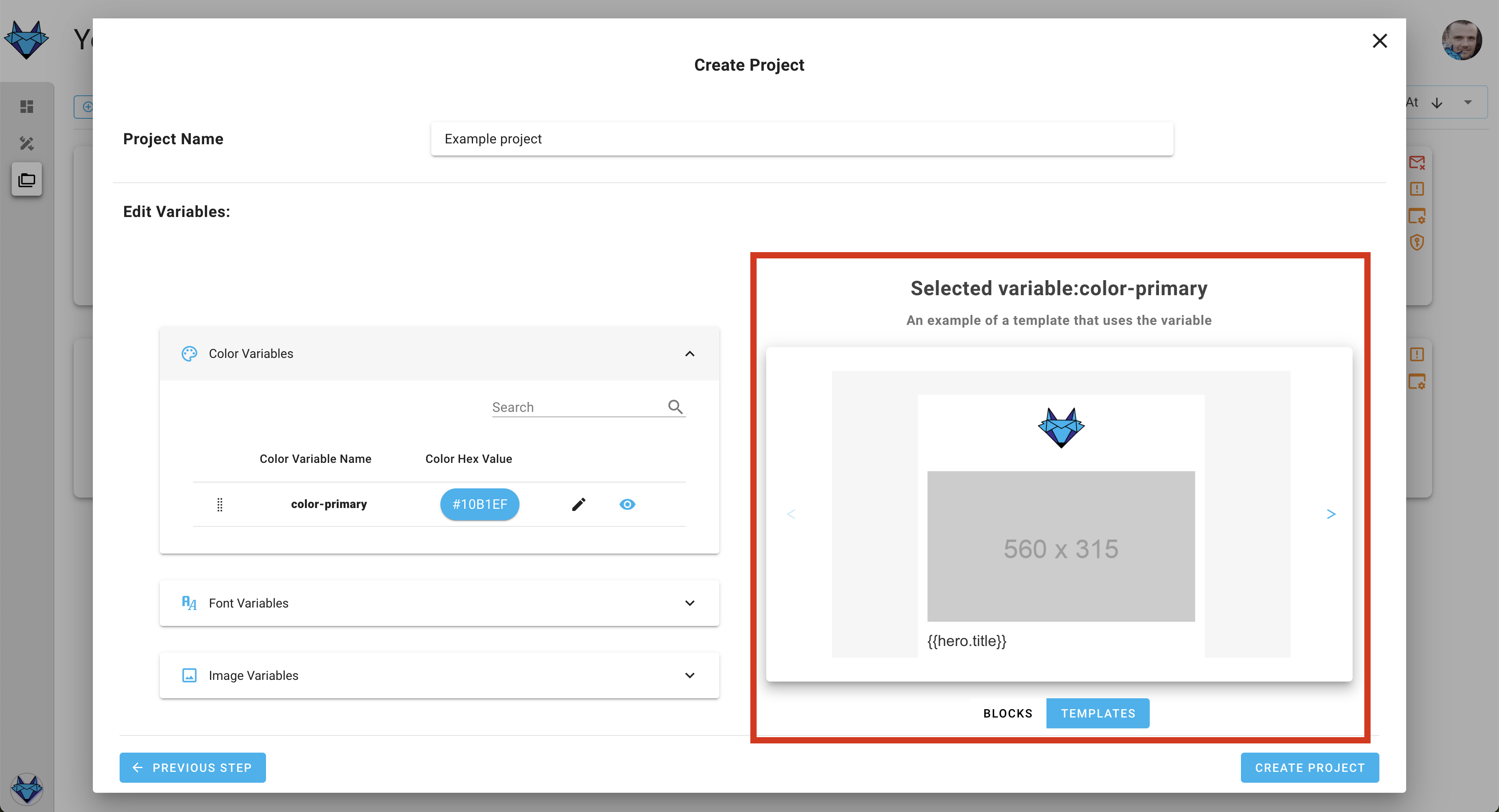 A screenshot of the project creation wizard's design system variables settings step - preview blocks and templates.