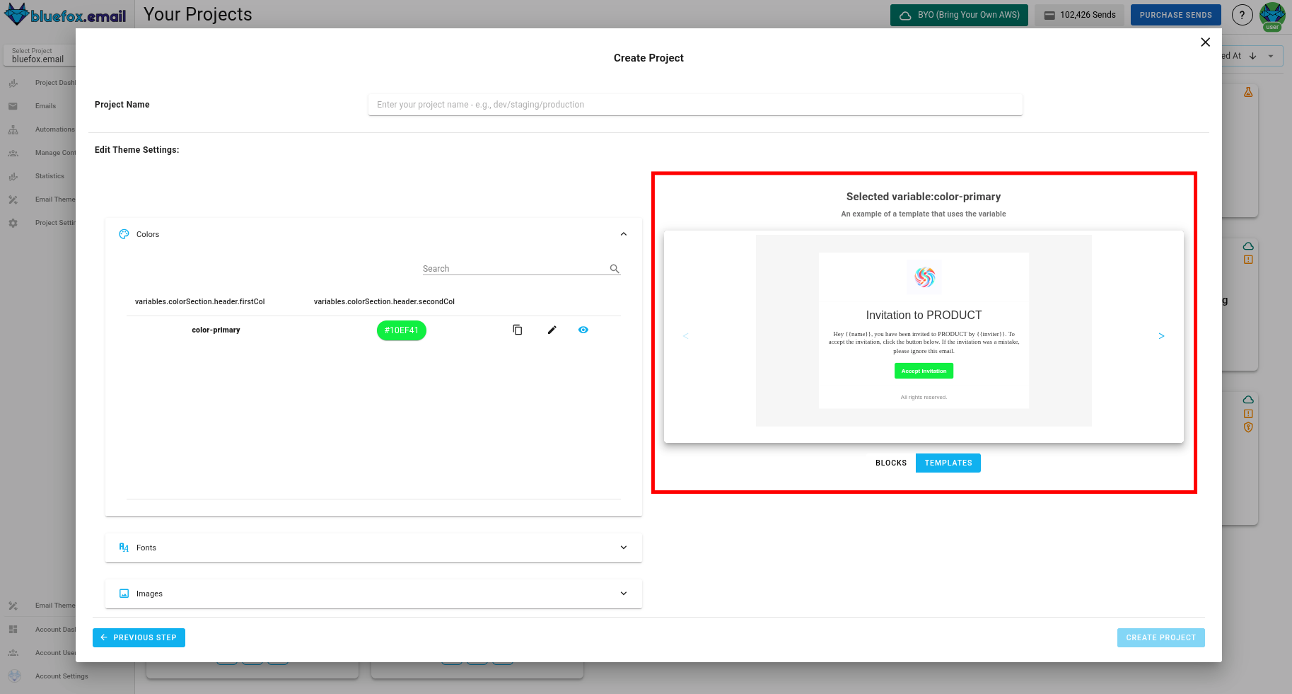 A screenshot of the project creation wizard's email theme basics settings step - preview blocks and templates.